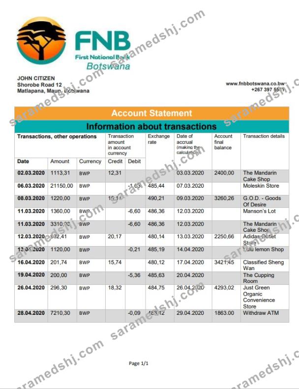 Botswana First National Bank statement